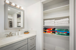 Bathrrom vanity with ample storage and lighting.